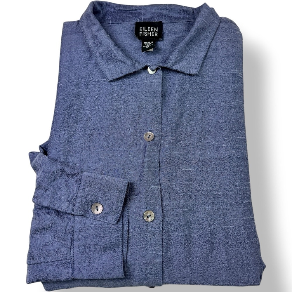 Eileen Fisher Metallic Blue Silk Button-Up Shirt Women's Medium Long‎ Sleeve
